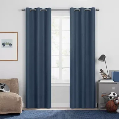 Under The Stars Kids Hayden Textured Grommet Top Energy Saving 100% Blackout Single Curtain Panel In Blue