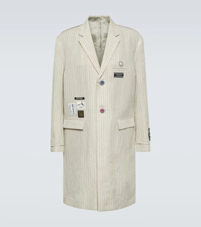 Undercover Appliqué Pinstripe Wool And Linen Coat In White