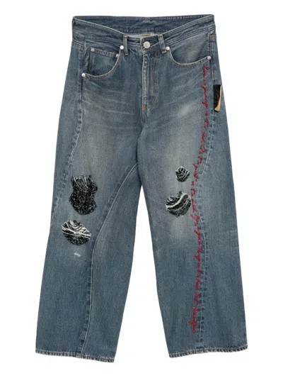 Undercover Bead-embellished Ripped Jeans In Blue