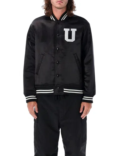 Undercover Black Varsity Jacket With Embroidered Details And Satin Finish