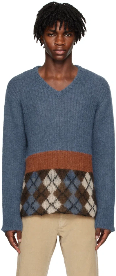 Undercover Blue Check Sweater In Gray Blue