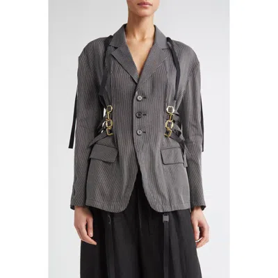 UNDERCOVER UNDERCOVER BUCKLED STRAP PINSTRIPE SINGLE BREASTED SILK & PAPER BLAZER