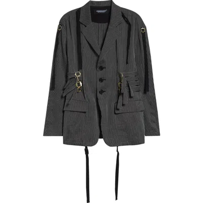 Undercover Buckled Strap Pinstripe Single Breasted Silk & Paper Blazer In Black Stripe