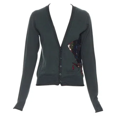 Pre-owned Undercover Dark Green Cotton Sequins Floral Patch Lurex Trimmed Cardigan Jp1 S