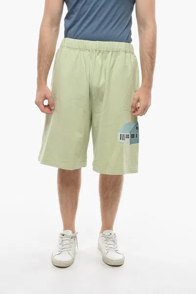 Undercover Drawstringed Shorts With Graphic Print In Green