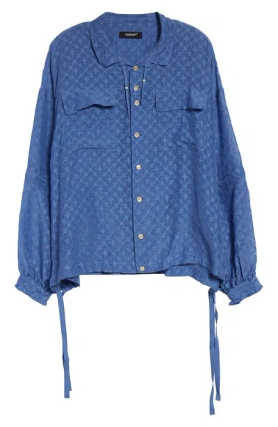 Undercover Fleur-de-lis Jacquard Cotton & Silk Zip Off Sleeve Button-up Shirt In Light Blue