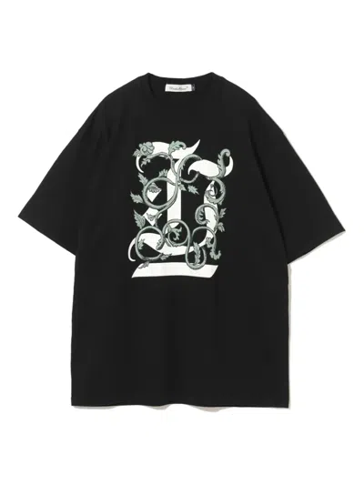 Undercover Floral-print Monogram T-shirt In Black
