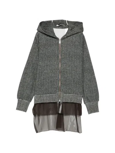 Undercover Herringbone-pattern Layered-hem Hoodie In Gray