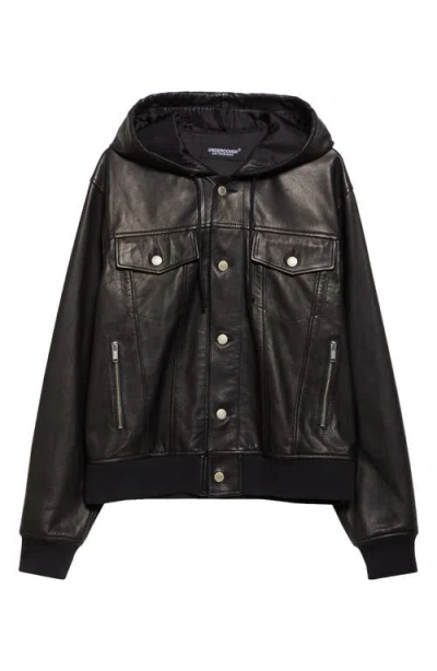 Undercover Hooded Leather Blouson Jacket In Black