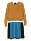 Undercover Layered Effect Long Sleeve Mixed Media Dress In Brown