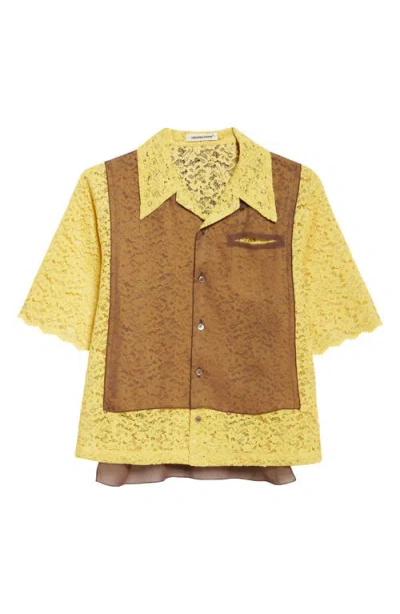 Undercover Mixed Media Lace & Chiffon Camp Shirt In Yellow