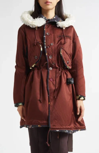 Undercover Mixed Media Silk Parka In Brown
