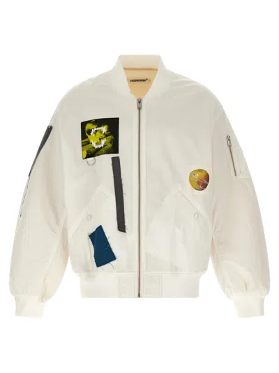 Undercover Patchwork Cotton Bomber Jacket With Ribbed Cuffs In Neutral