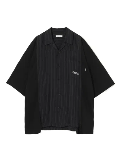 Undercover Mixed Media Pinstripe Short Sleeve Button-up Shirt In Black