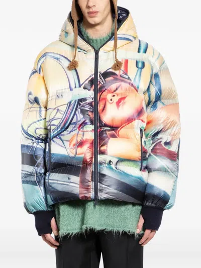 UNDERCOVER PRINTED HOODED DOWN JACKET
