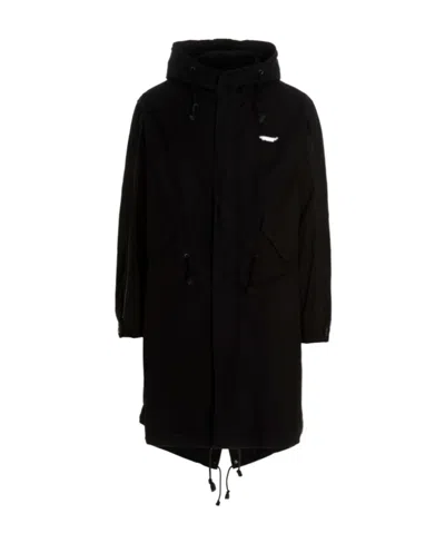 Undercover Slogan-print Cotton Hooded Raincoat In Black