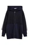 Undercover Tulle Overlay Oversize Cotton Fleece Zip-up Hoodie In Black
