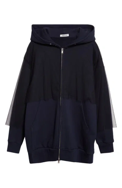 Undercover Tulle Overlay Oversize Cotton Fleece Zip-up Hoodie In Black