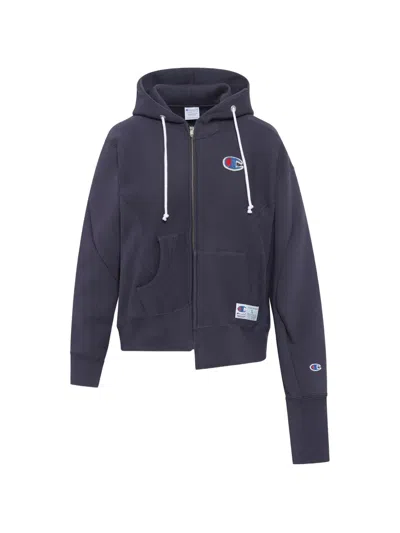 Undercover X Champion Asymmetric Zip-up Hoodie In Blue