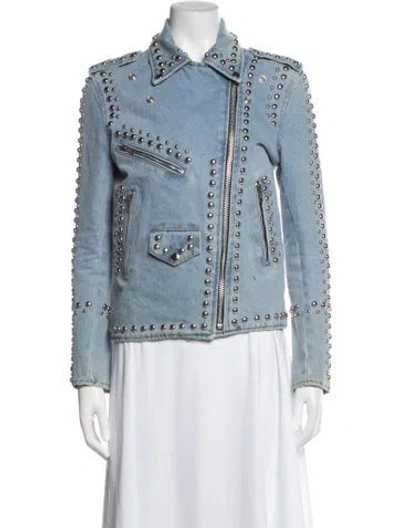 Pre-owned Understated Leather Biker Jacket In Blue
