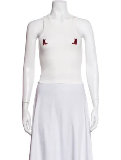 Pre-owned Understated Leather Graphic Print Crew Neck Top In White