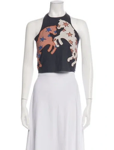 Pre-owned Understated Leather Graphic Print Halterneck Crop Top In Multicolor