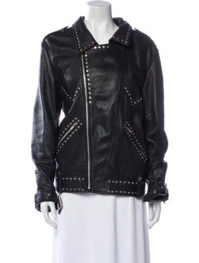 Pre-owned Understated Leather Lamb Leather Biker Jacket In Black