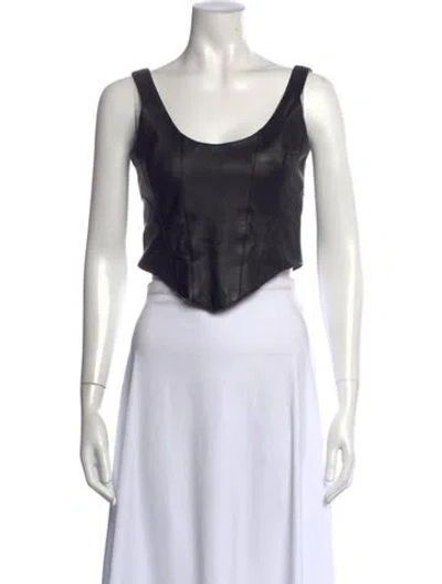 Pre-owned Understated Leather Lamb Leather Scoop Neck Crop Top In Black