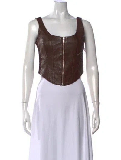Pre-owned Understated Leather Lamb Leather Scoop Neck Top In Brown