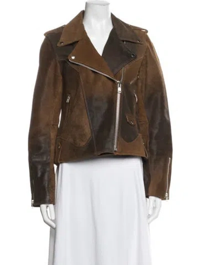 Pre-owned Understated Leather Leather Biker Jacket In Brown