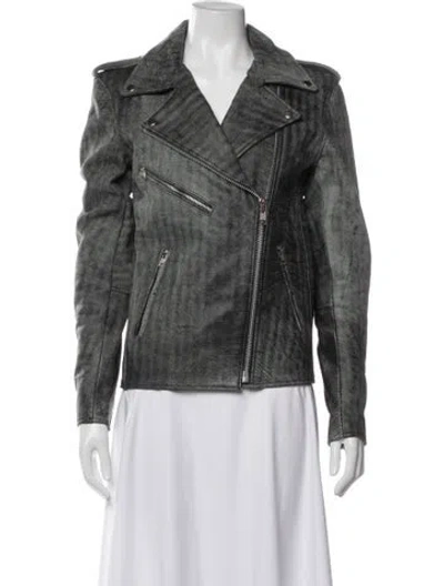 Pre-owned Understated Leather Leather Biker Jacket In Gray