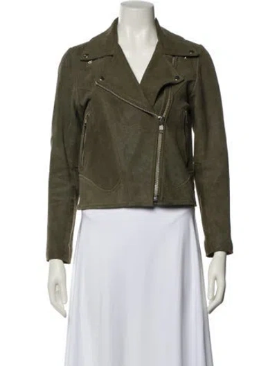 Pre-owned Understated Leather Leather Biker Jacket In Green