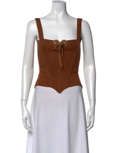 Pre-owned Understated Leather Leather Square Neckline Top In Brown