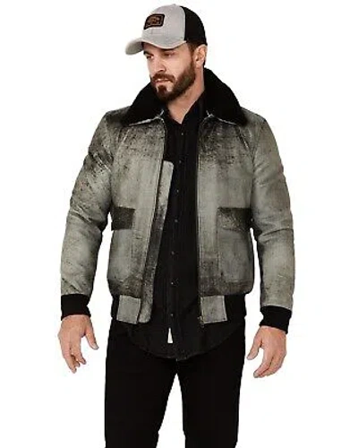 Pre-owned Understated Leather Men's Spirit Distressed Cowhide Zip-front Bomber Jacket In Black