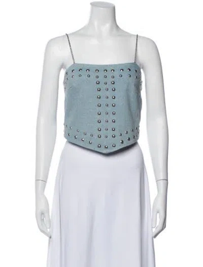 Pre-owned Understated Leather Square Neckline Sleeveless Crop Top In Blue