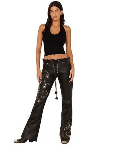 Pre-owned Understated Leather Women's Boot Barn X Rhinestone Studded Lace-up Flare Pants In Black