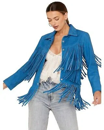 Pre-owned Understated Leather Women's Leather Fringe Jacket - Wjkt105833 In Blue