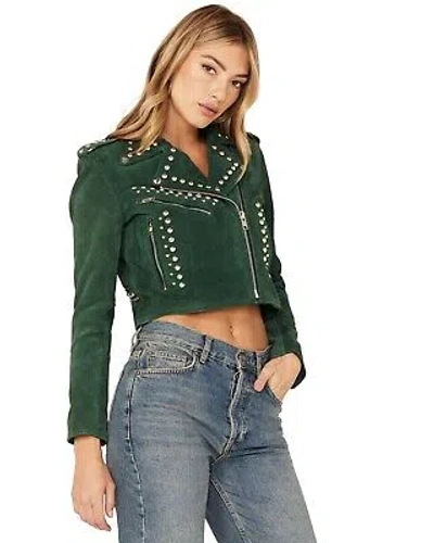 Pre-owned Understated Leather Women's Runway Studded Suede Moto Jacket - Wjkt107810 In Green