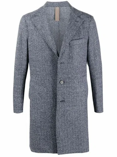 Pre-owned Undisclosed $1,195 Eleventy - Blue Herringbone Suede Detail Logo Button Coat - 40r (50 Eu)