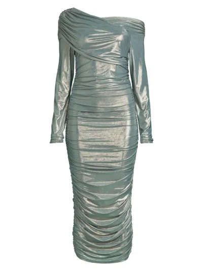 Undra Celeste Women's Metallic Ruched Midi-dress In Teal Beige