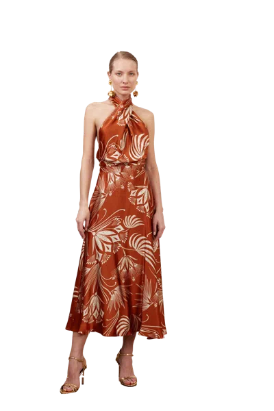 Undress Heidi Brown Floral Midi Criss Cross Neck Dress | ModeSens