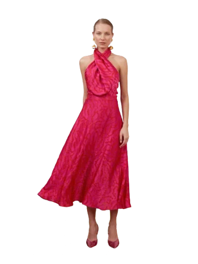 Undress Heidi Red Fuchsia Print Halter Neck Midi Dress In Pink