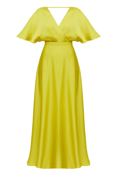 Undress Women's Green / Yellow / Orange Solene Lime Green Satin Long Evening Dress With Butterfly Sleeves In Green/yellow/orange