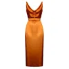 Undress Kamea Tawny Brown Satin Draped Front Open Back Midi Dress In Brown