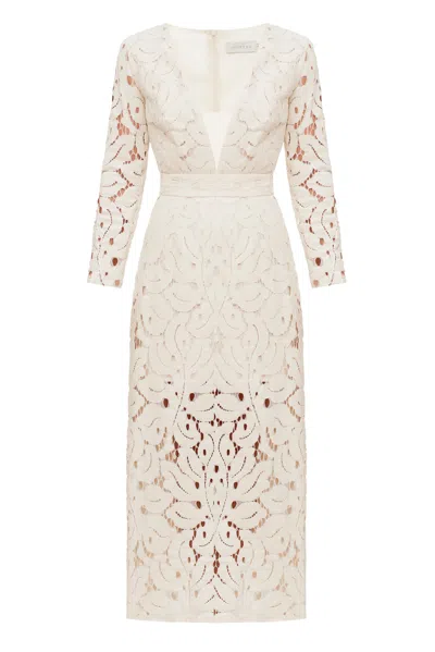 Undress Women's Meera White Lace Fabric V Neck Midi Wedding Dress