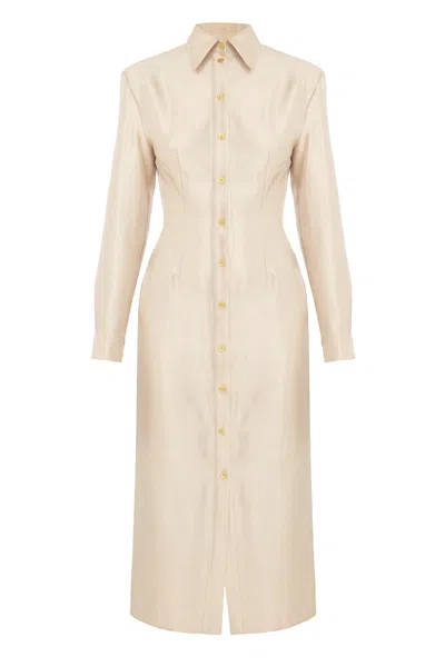 Undress Women's Neutrals Edith Pastel Fitted Midi Shirt Dress With Golden Buttons