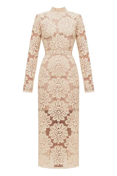 Undress Women's Neutrals Elena Cream Floral Lace Midi Dress With Turtleneck