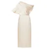 Undress Women's Neutrals Ilene Beige Satin Asymmetric Open Shoulder Midi Dress In Beige