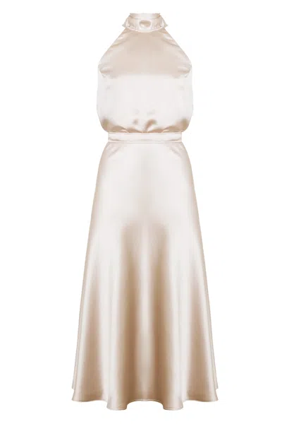 Undress Women's Neutrals Noma Beige Satin Halter Neck Midi Wedding Guest Dress