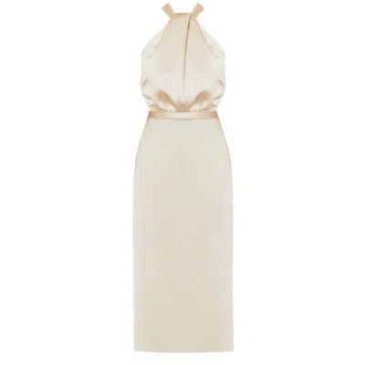 Undress Women's Neutrals Paula X Neckline Beige Satin Evening Midi Dress